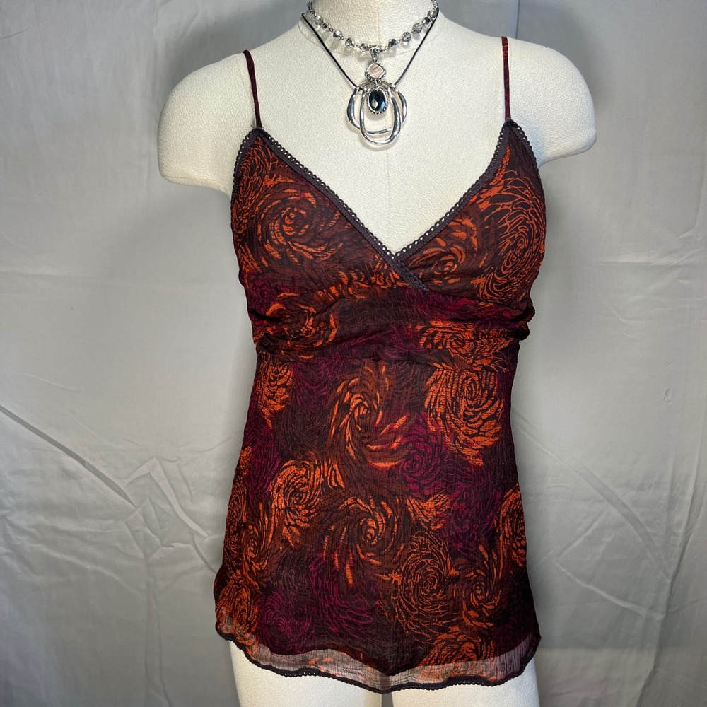 Billabong Y2K Babydoll Cami Top Women's XS Red Black Sheer Mesh Swirl Lace